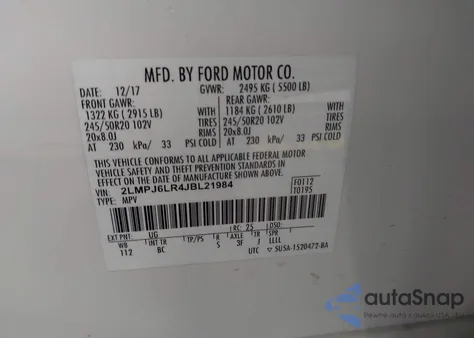 2018 Lincoln Mkx Reserve z USA, uszkodzony, nr VIN 2LMPJ6LR4JBL21984